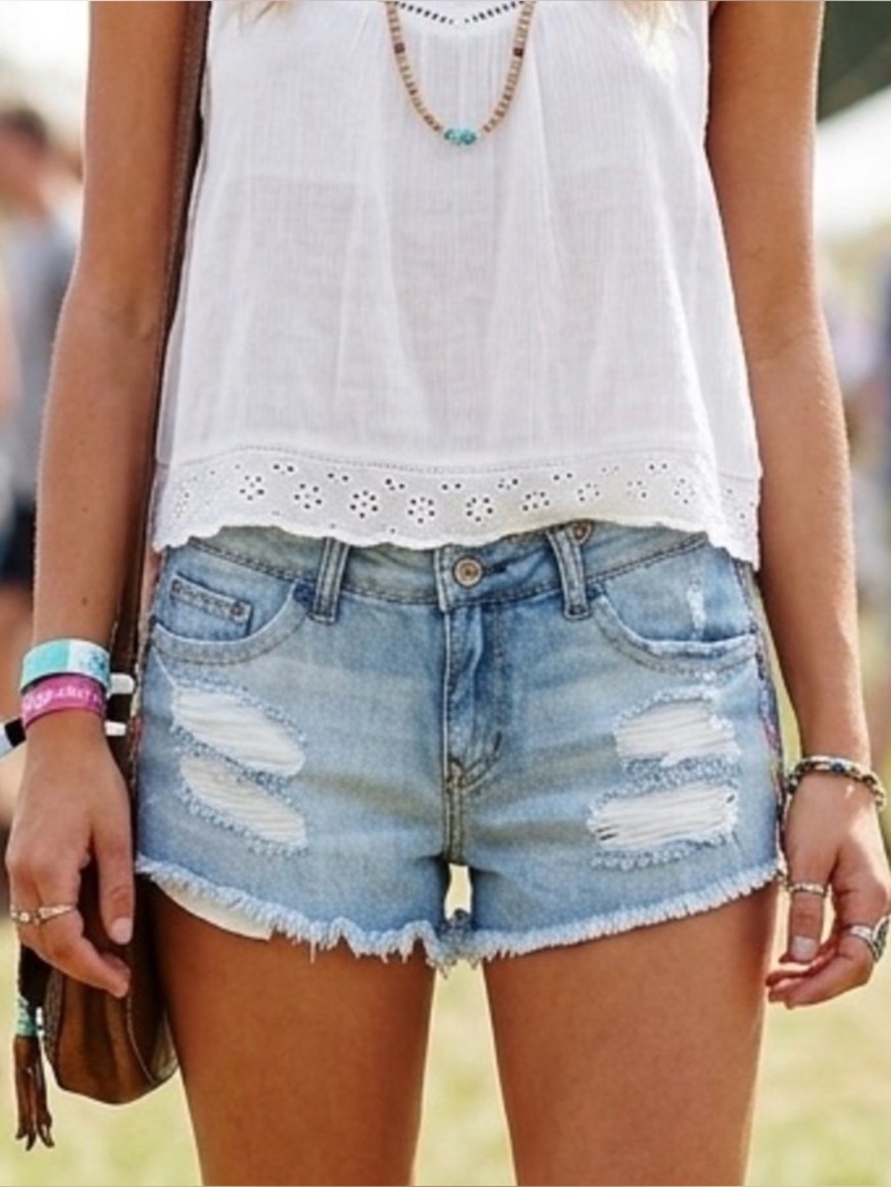 🌈 HARPER Distressed Denim Cutoff Shorts Rainbow Side Trim Size 30 Raw Hem Boho